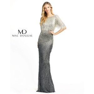 MAC DUGGAL Beaded Fringe Gown in Platinum Size 12